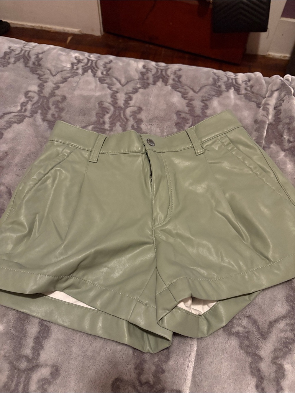 American Eagle Outfitters High-Waist Faux Leather Shorts in Sage